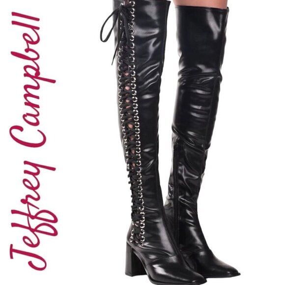 NWOB JEFFREY CAMPBELL Black Elektra Corset Faux Leather Over The Knee Boots, 6 - Picture 1 of 14